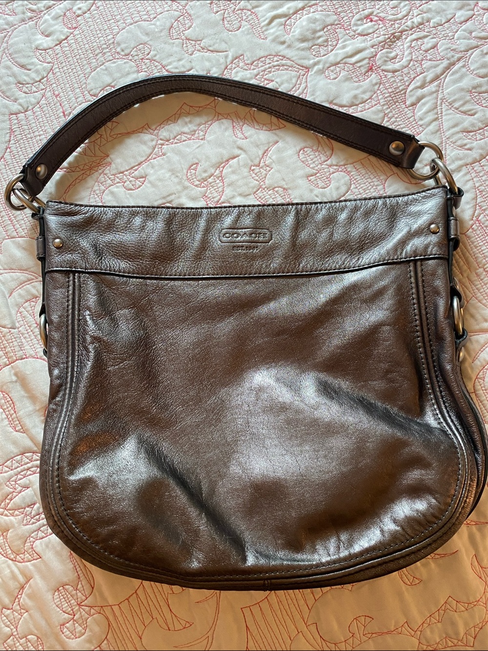 Coach Gunmetal Metallic Leather ZOE Hobo Bag